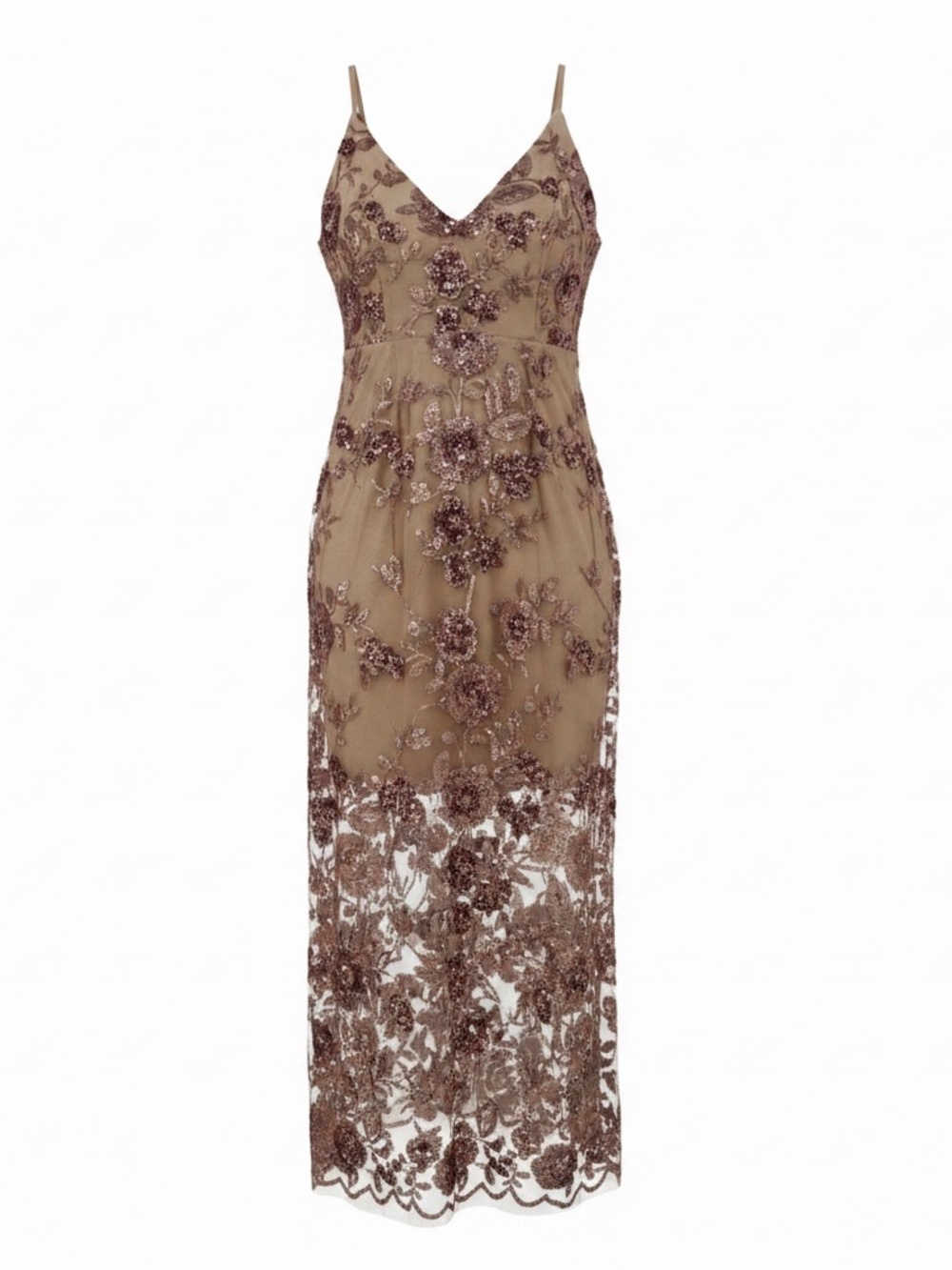 Embellished Lace Slip Maxi Dress in Taupe